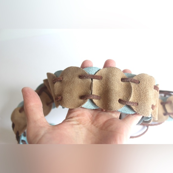 Vintage Wide Tan and Blue Suede Leather Tie Belt with Long Fringe Reversible S M - Picture 5 of 9